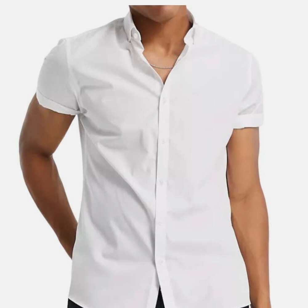 Topman fitted white short sleeve button down shirt